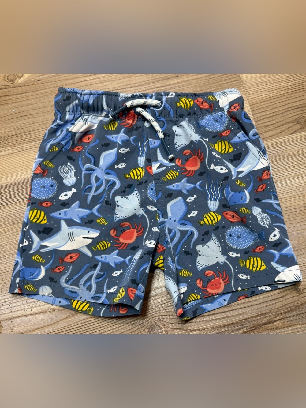 Tommy Bahama Navy Swim Shorts with Yellow & Coral Fish Print
